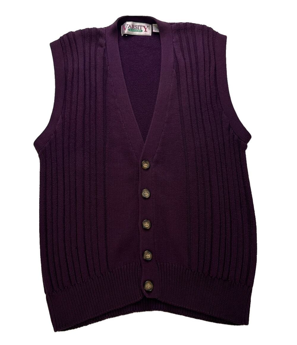 Vintage 80s Varsity Savile Row Purple Cotton Sweater Vest L Grandpa Preppy